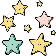 Cute Doodle-Style Hand-Drawn Star Icons in Various Shapes and Sizes – Flat Vector Sketch

