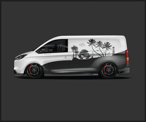 Custom Van with Beach Scene Graphic and Low Profile Wheels on Dark Background