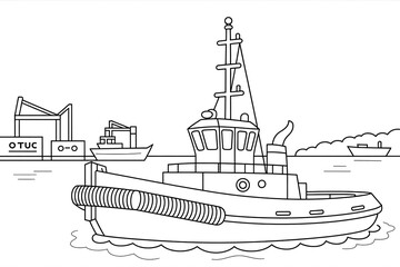 Tugboat navigating harbor, surrounded by cargo ships.
