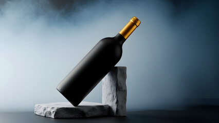 Elegant wine bottle display on textured stones with a smoky backdrop.