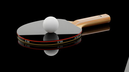 Table tennis paddle and ball, resting on a glossy surface in a minimalist composition.