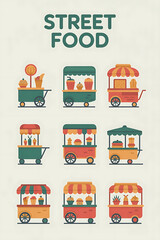 Colorful street food carts in various styles.
