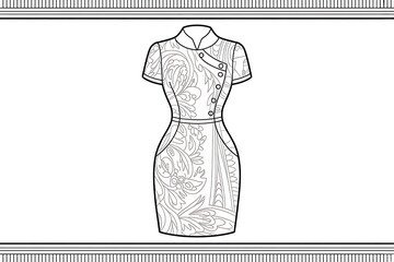 Elegant, patterned, midi dress design.
