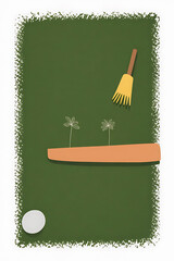 Green field, small trees, broom, and ball. Simple scene.
