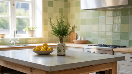 Rustic kitchen island, light countertops, and vibrant green tiles.
