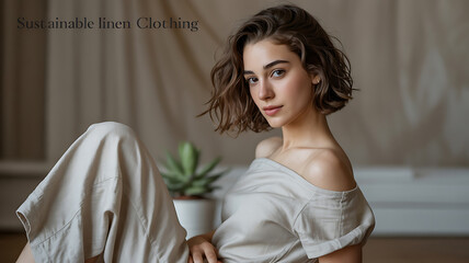 A woman in a neutral-toned outfit, serene and composed.
