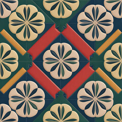 Ornate floral tile pattern in red, yellow, and green.
