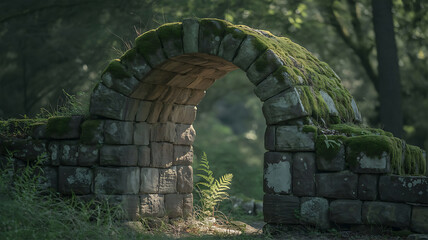 Stone archway, mossy wall, hidden passage.
