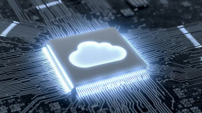 a computer chip with a cloud on it and data uploading/downloading as it is processed - Powered by Adobe