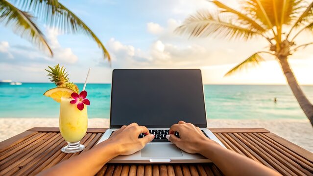 Working Remotely from the Beach – Digital Nomad with Laptop and Tropical Drink
