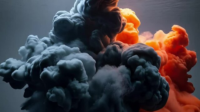 Abstract clouds of orange and gray ink swirling together in water tank shot