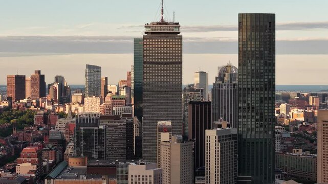 Aerial view of Downtown Buildings of Boston during sunset at summer