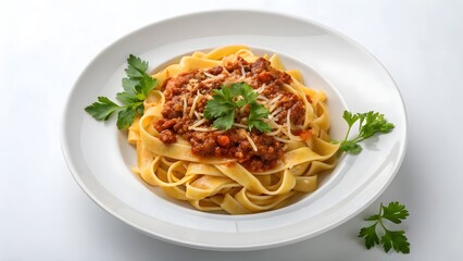 Italian Tagliatelle Pasta with Traditional Bolognese Sauce and Parmesan Cheese