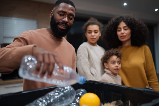 A family makes a conscious effort to be environmentally responsible by recycling. A moment of togetherness and environmental responsibility.