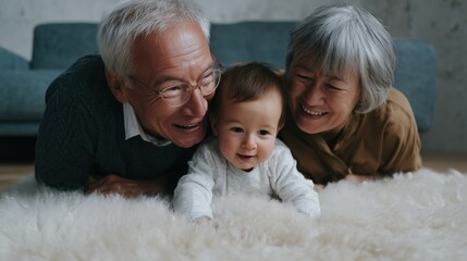 An intergenerational connection sparkles as grandparents share a tender moment with their grandchild, creating a loving, cozy atmosphere in their home.