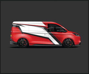 Sleek Red and White Van with Custom Graphics on a Dark Background