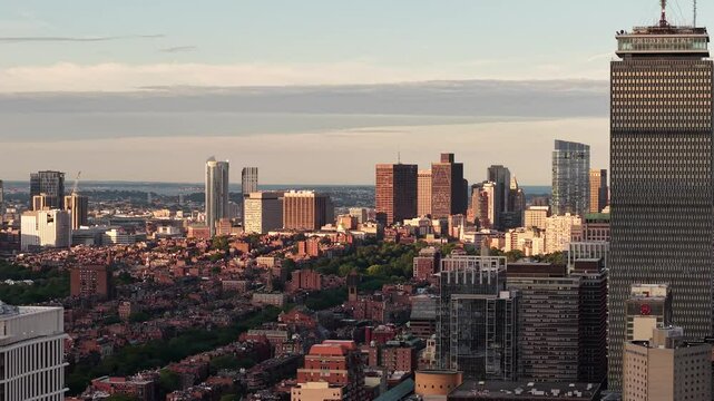 Aerial view of Downtown Buildings of Boston during sunset at summer