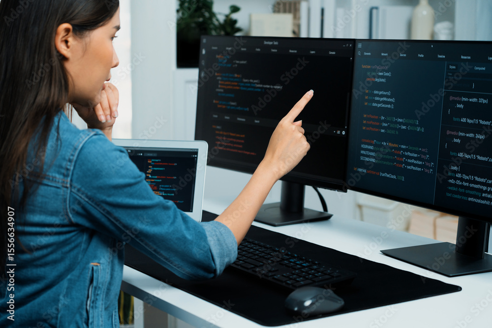 Poster young asian girl of it developer pointing online information on pc with coding program data applicat