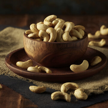 Wooden bowl of cashew nuts olive wood plate pro fbf c bfe, with scattered nuts textured fabric surface, warm lighting highlighting creamy color and smooth texture of nuts, creating cozy