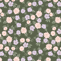 Pink Purple Pastel Flora Patels on Solid Green Background Seamless Pattern