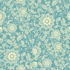 Vintage Traditional Chintz Style Aqua Blue And Pale Yellow Florals all Over Pattern