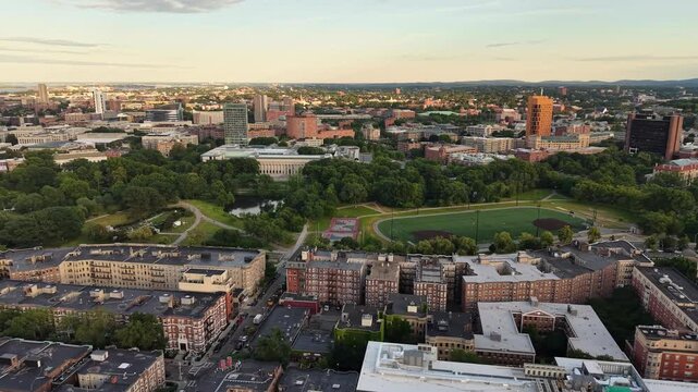 Aerial view of Downtown Buildings of Boston during sunset at summer