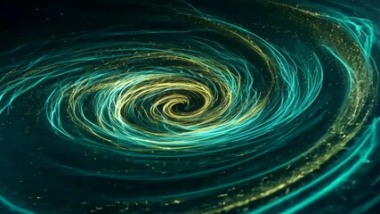Abstract glowing spiral motion background with swirling green and gold light trails - Powered by Adobe