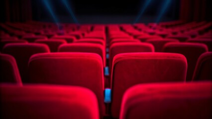 Fototapeta premium A view of rows of red seats in a theater with blue spotlights shining in the background