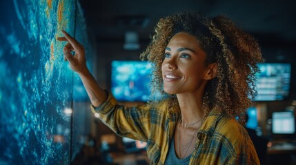 A Black female data analyst in her 30s pointing at a digital wall showing impact projections of deep sea mining on species distribution and water quality, modern workspace