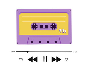 audio purple yellow cute cassette tape vintage sound of music sketch, hand drawn on a transparent background.