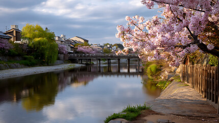 Obraz premium Pink Cherry Blossoms Frame a Calm River and Bridge in Japan