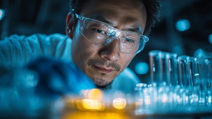 A middle-aged Asian man in safety goggles and blue gloves using a digital microscope to examine mineral particles inside a compact shipboard lab, glass vials and tools arranged neatly