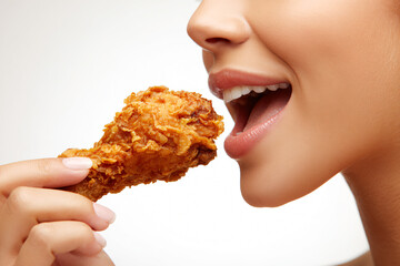 Side view of open mouth and hand holding juicy fried chicken
