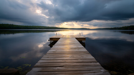 Obraz premium Serene Sunset Over Calm Lake With Wooden Dock
