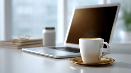 White Coffee Cup on Gold Saucer Next to Laptop on Desk