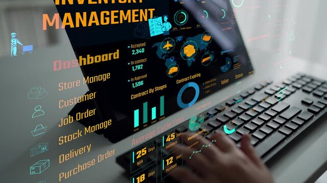 Inventory management dashboard showing supply chain performance, stock levels, order cycle times, cost reduction, and procurement ROI. Inventory tracking, and streamline warehouse efficiency. Thunk