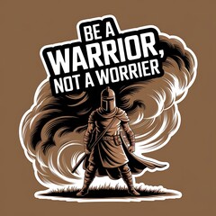Be a Warrior, Not a Worrier—helmeted figure fighting clouds, with thick white sticker-style outline around the design, solid black background, high contrast, centered composition