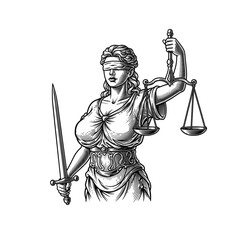 Obraz premium Lady Justice Icon, drawn in an engraved, woodcut style with fine details sketch engraving vector illustration. Scratch board imitation. 