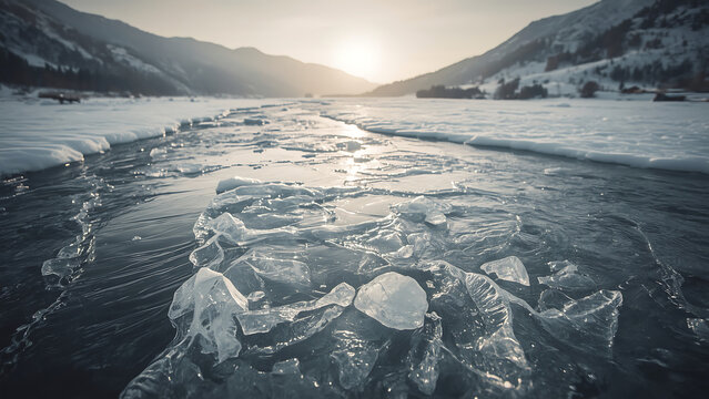 Aerial winter landscape of snow-covered mountains, frozen lakes, and a clear sky