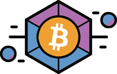 Bitcoin symbol inside a hexagon with circles and lines on a light gray background in a flat design
