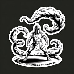 Be a Warrior, Not a Worrier—helmeted figure fighting clouds, with thick white sticker-style outline around the design, solid black background, high contrast, centered composition