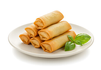 Golden brown crispy spring rolls stacked on a white plate with fresh basil garnish