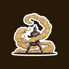 Be a Warrior, Not a Worrier—helmeted figure fighting clouds, with thick white sticker-style outline around the design, solid black background, high contrast, centered composition