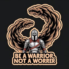 Be a Warrior, Not a Worrier—helmeted figure fighting clouds, with thick white sticker-style outline around the design, solid black background, high contrast, centered composition