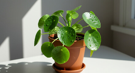 Closeup of Pilea peperomioides houseplant in terracotta pot on white table at home. Sunlight. Chinese money plant with water drops on green leaves. Indoor gardening, hobby concept