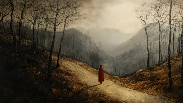 A painting of a person walking down a path in the woods