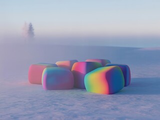 Obraz premium Soft Rainbow-Toned Cubes Rest in a Mistik Snowy Landscape at Gentle Sunset