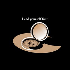 Lead Yourself First—compass and mirror combo graphic, with thick white sticker-style outline around the design, solid black background, high contrast, centered composition