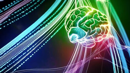 Glowing brain with neural connections and blue light trails on a dark background - Powered by Adobe