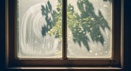 Vintage window pane with dusty glass and soft shadows of tree leaves passing across during sunset